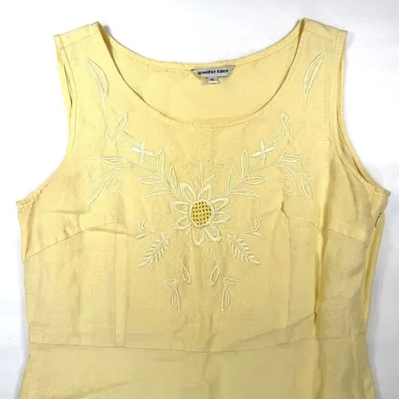 Vintage 90s Yellow Sleeveless A Line Jennifer Eden Dress Daisy Embroidery Sz10 - Picture 3 of 8